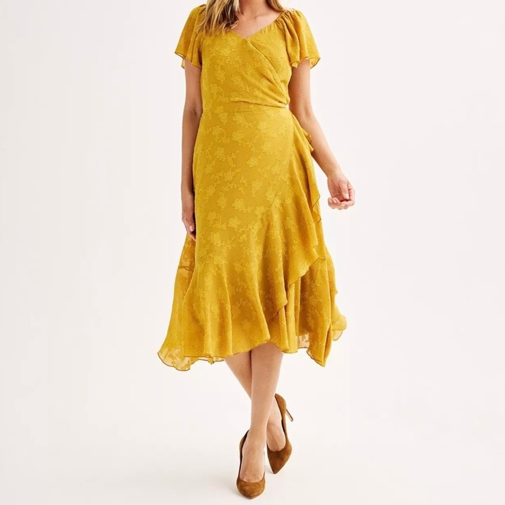 Nanette Lepore‎ Wrap Style Bella Dobby Dress 12 Mustard Yellow Flutter Sleeve